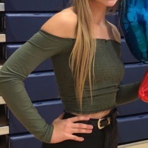 Off the shoulder green shirt